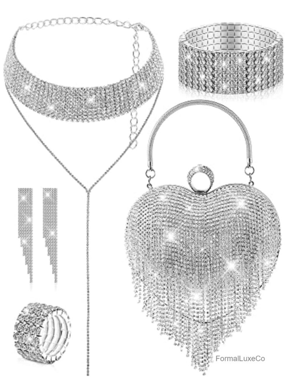 Women Rhinestone Heart Shape Tassel Clutch Purse Jewelry Set 5 Pcs Party